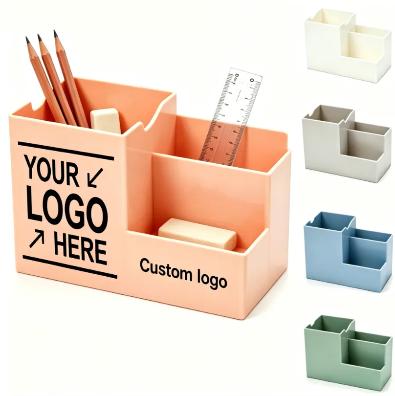Organizador de escritorio con compartimentos y logotipo impreso en la base