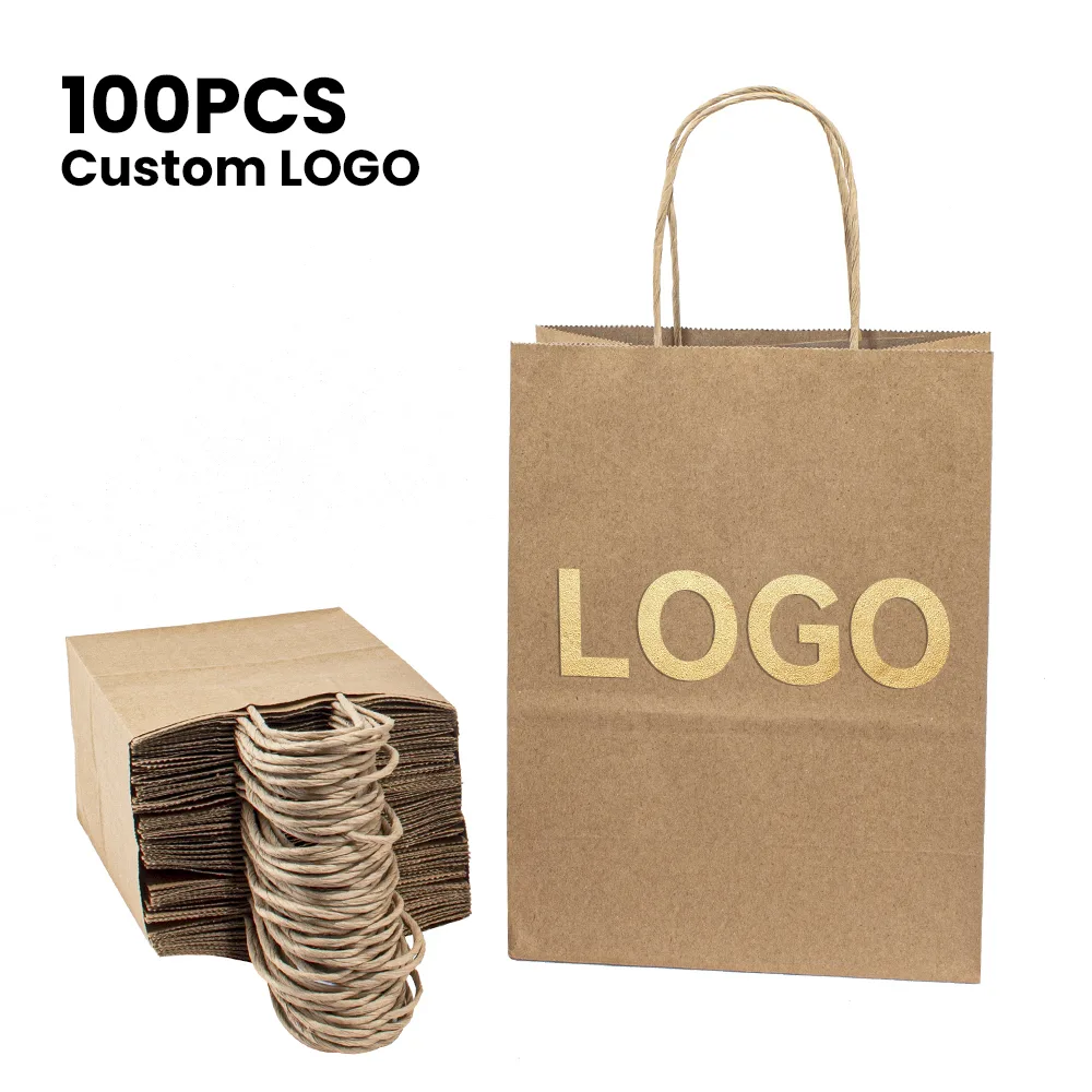 Bolsa de papel kraft con asas retorcidas y logotipo impreso para comercios