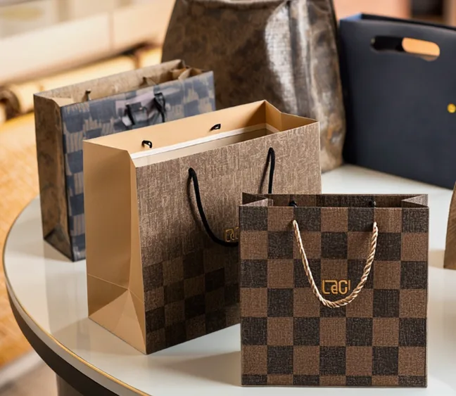 Bolsa de regalo de cartulina laminada con asas de cordón y logotipo impreso