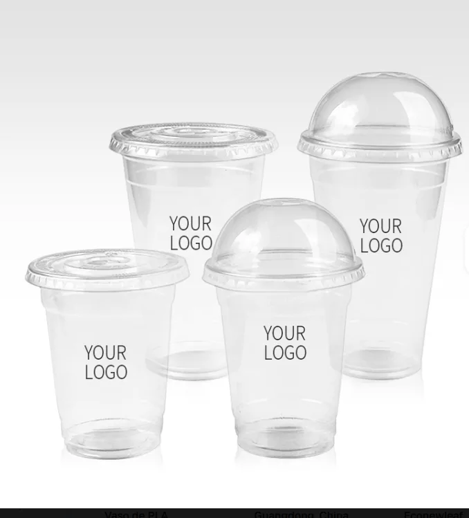 Vaso compostable transparente de PLA con tapa y logotipo impreso