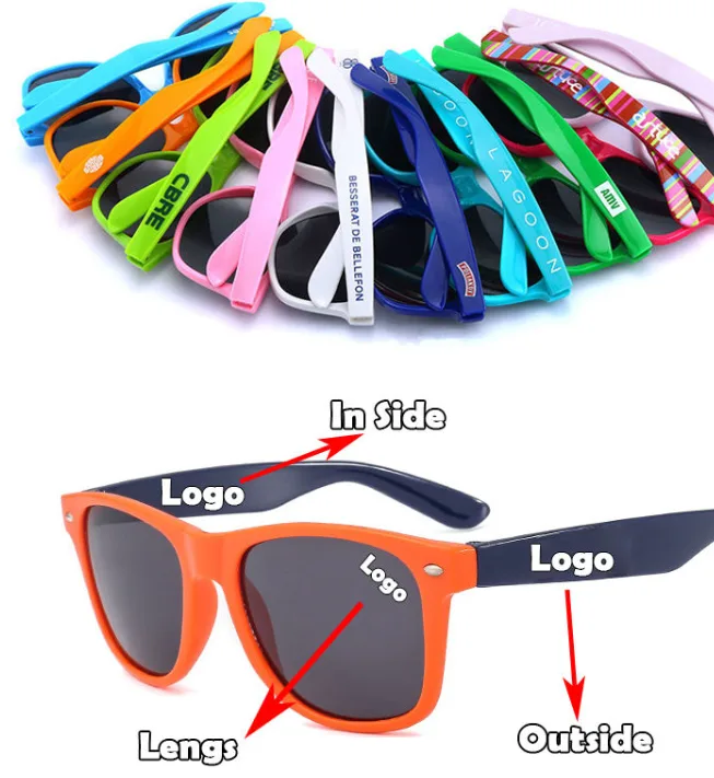 Gafas de sol unisex de policarbonato con logotipo impreso en la varilla
