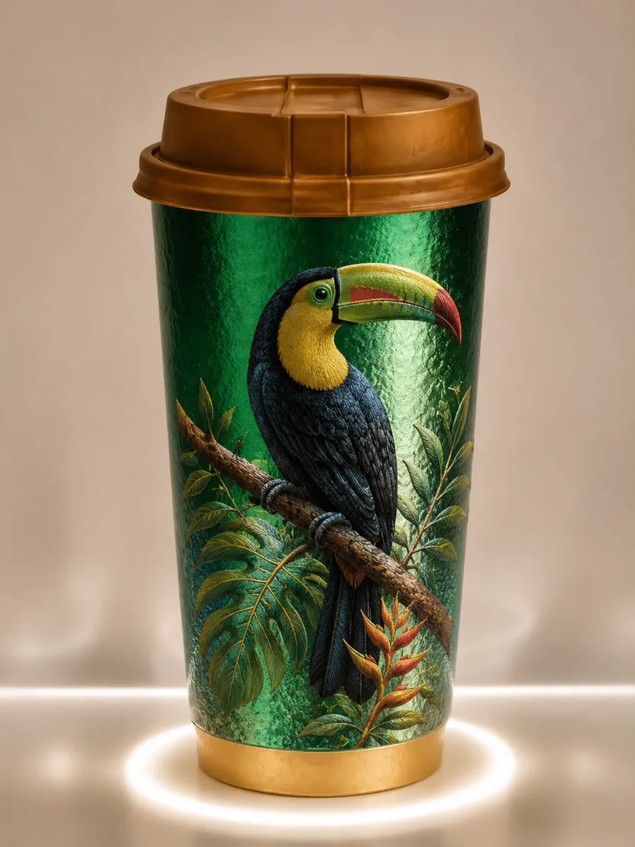 Vaso reutilizable laminado con ilustración de fauna costarricense y logotipo