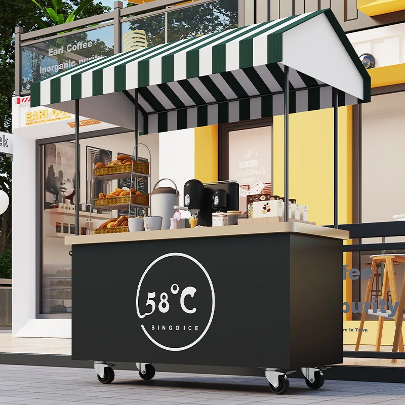 Carrito de comida de acero inoxidable con toldo y paneles personalizados con la marca