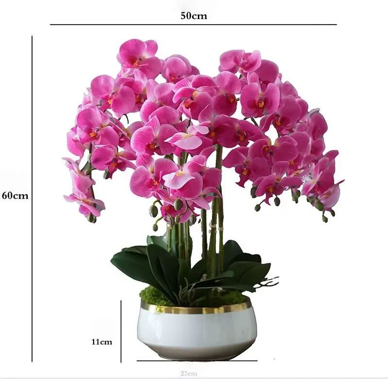 Orquídea artificial morada en maceta de cerámica personalizada con logotipo